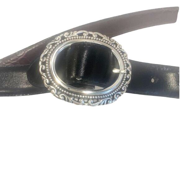 Womens Faux Alligator Belt Black Brown Embossed Round Buckle Reversible Silver - Picture 4 of 5